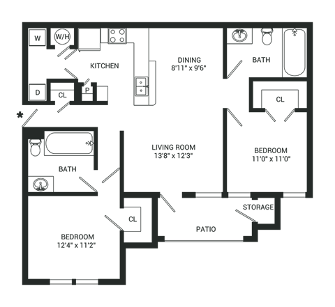 the floor plan for a bedroom apartment with a living room and a dining room